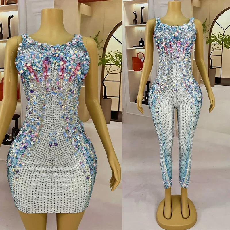 Colorful Sequins Rhinestones Jumpsuit Women Singer Party Dress Bar Nightclub Dj Ds Gogo Dancer Costume Festival Outfits