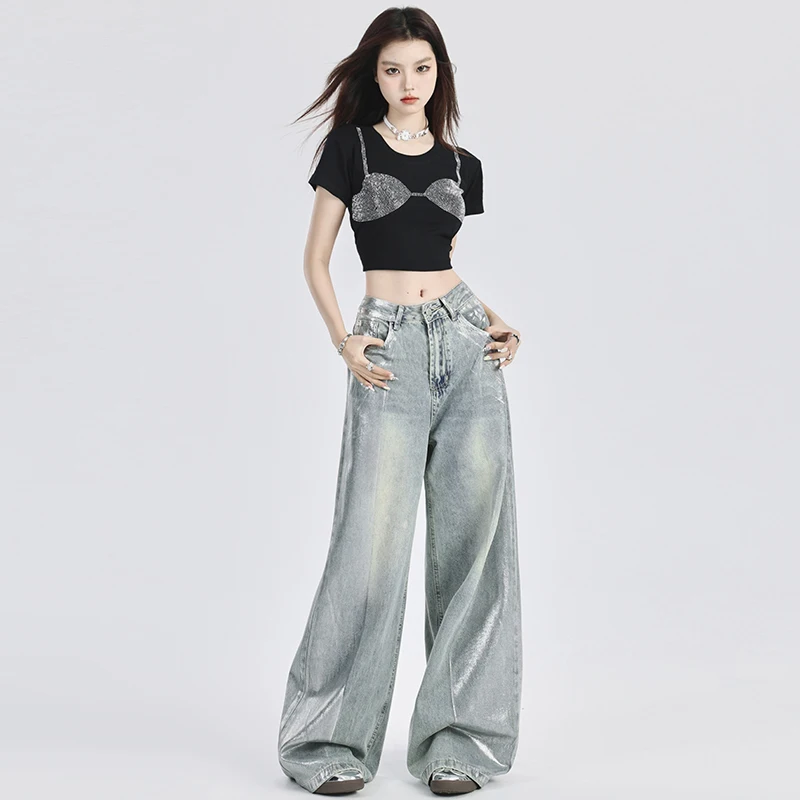 

Women's Casual Retro Jeans 2024 New Spring High Street Fashion Wide Leg Pants Y2K Loose Straight Denim Trousers