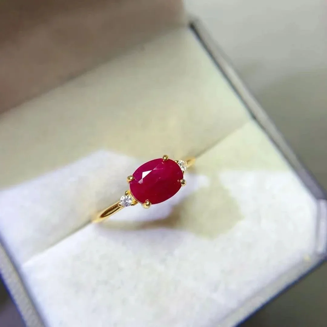 Natural Ruby Engagement Ring for Women 6mm*8mm 1ct Genuine Ruby Silver Ring with Thick Gold Plating Keep Shining