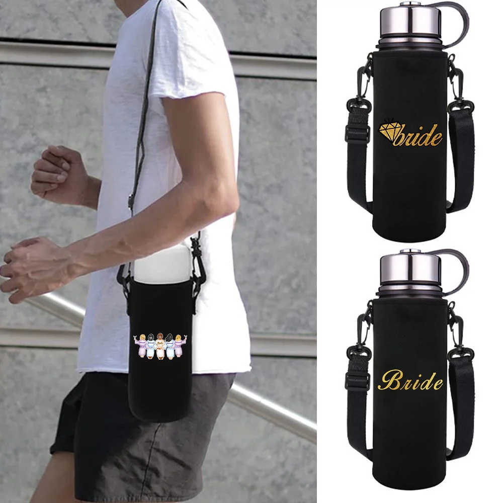 Insulated Water Bottle Sleeve Adjustable Strap 550-1500ML Bride Print Portable Outdoor Water Bottle Carrier for Hiking