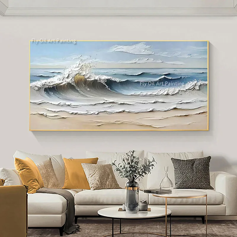 Original Design Artwork Light Blue And White Knife Thick Canvas Artwork Simple Large Ocean Beige Beach Oil Painting On Canvas
