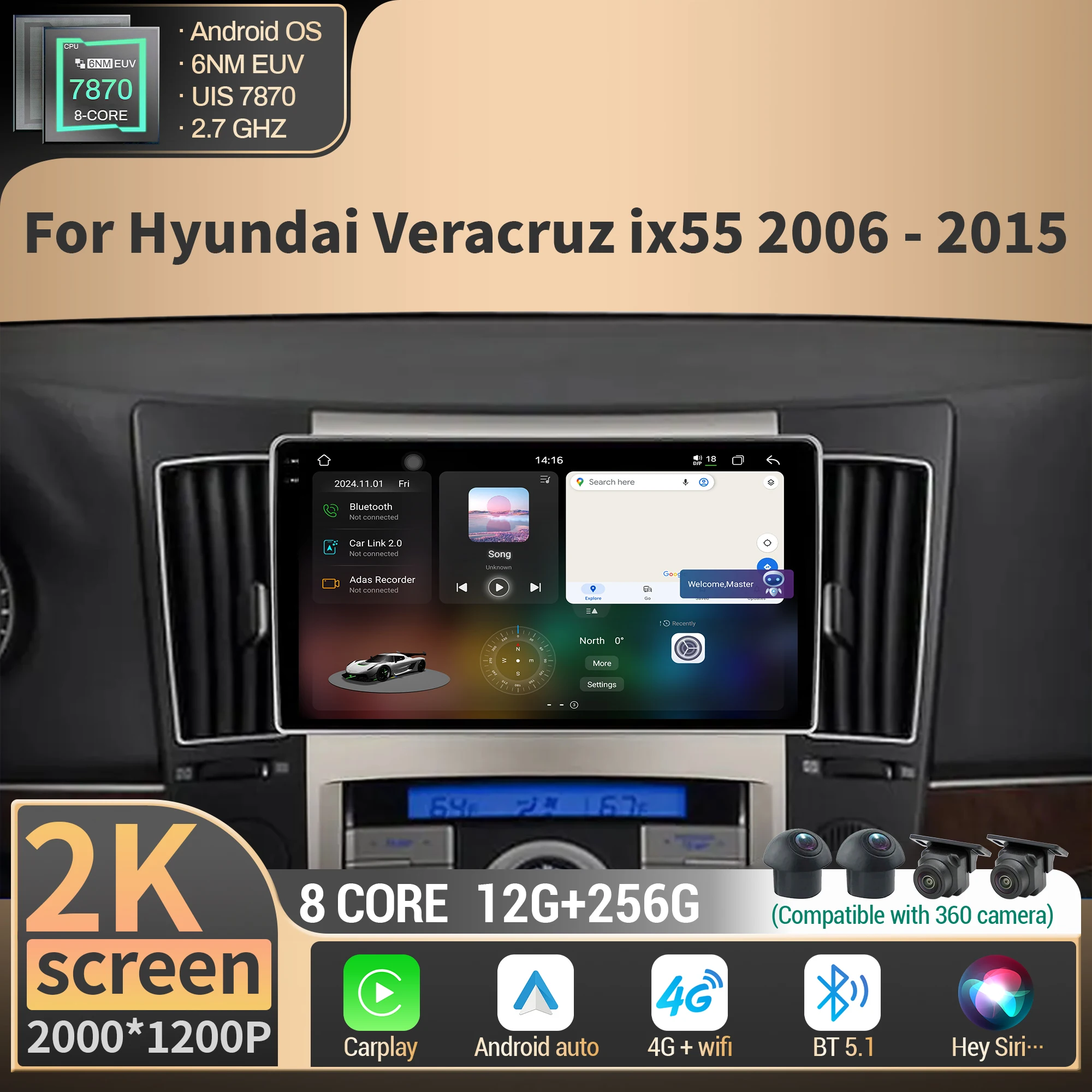 

Android 14 For Hyundai Veracruz ix55 2006-2015 Car Radio Multimedia Navigation Carplay 4G GPS CPU 7870 2K QLED Screen Stereo