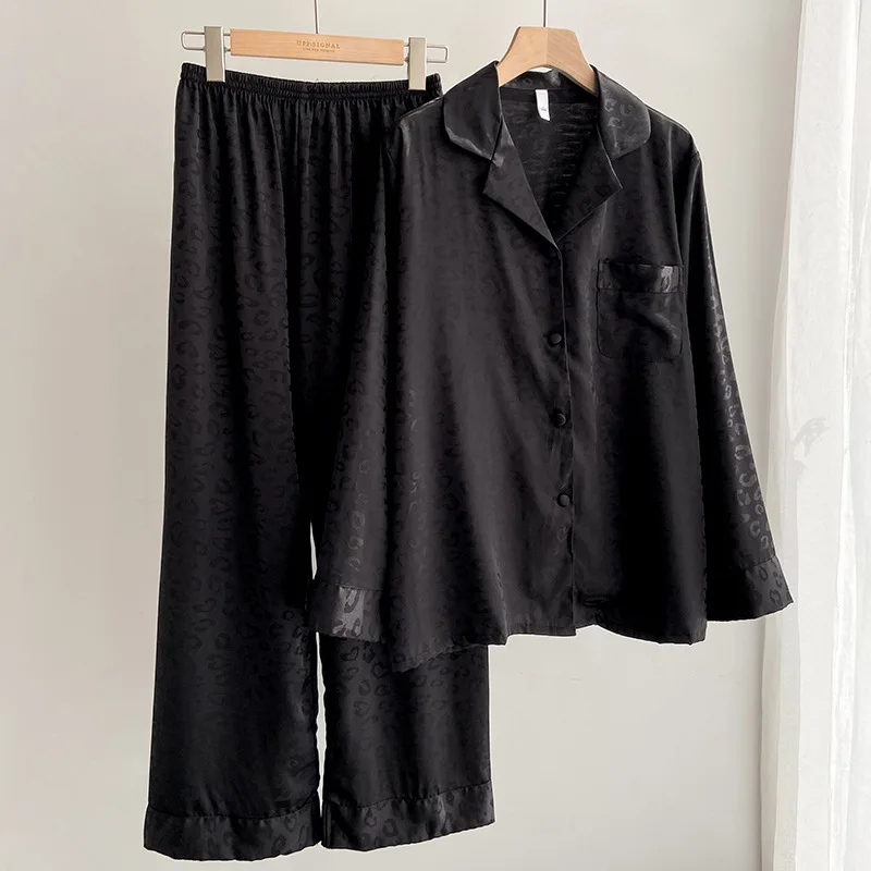 Pajamas Pour Femme Black Leopard Pyjamas 2Pcs Sleepwear Long Sleeve Shirt&pants Women\'s Home Clothes Silk Satin Loungewear