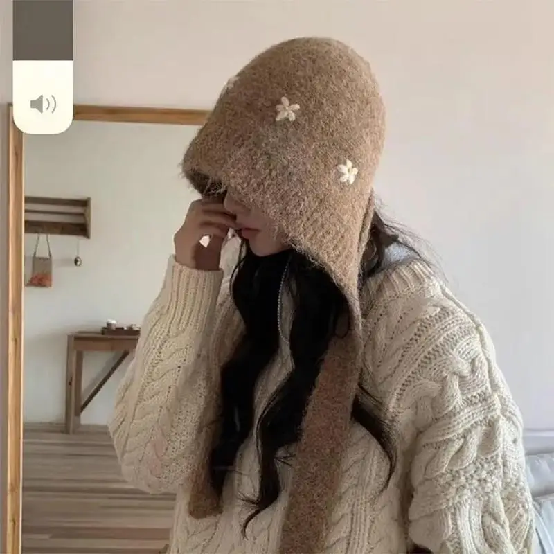 冬の花バラクラバスカーフニット帽子かわいい花耳保護ビーニーキャップ女性屋外スキースノーレースアップフード付きキャップ