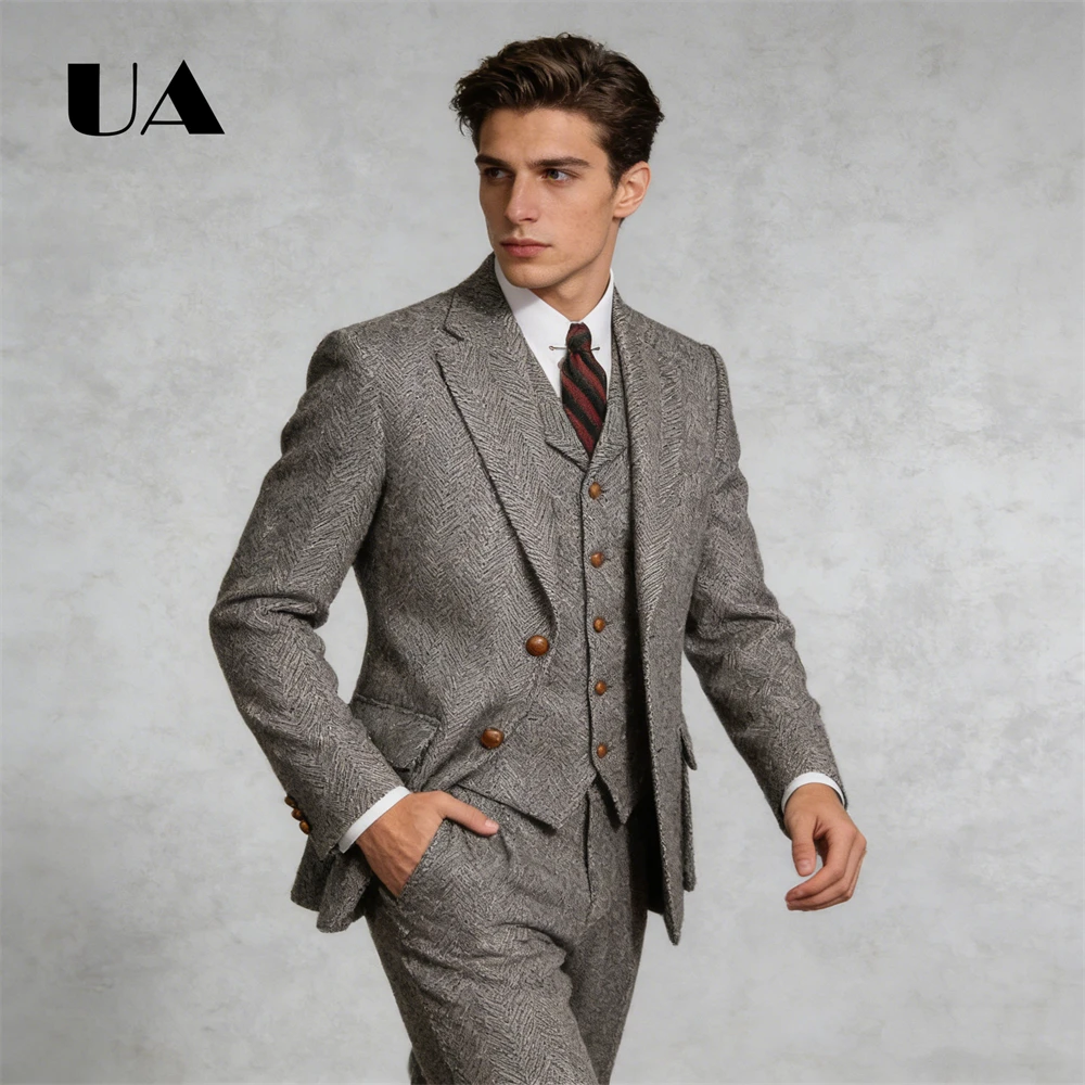 

Herringbone Professhional Suit for Men, Three Piece Formal Business Suit Jacket Pants Waistcoat Set ULBYANRY