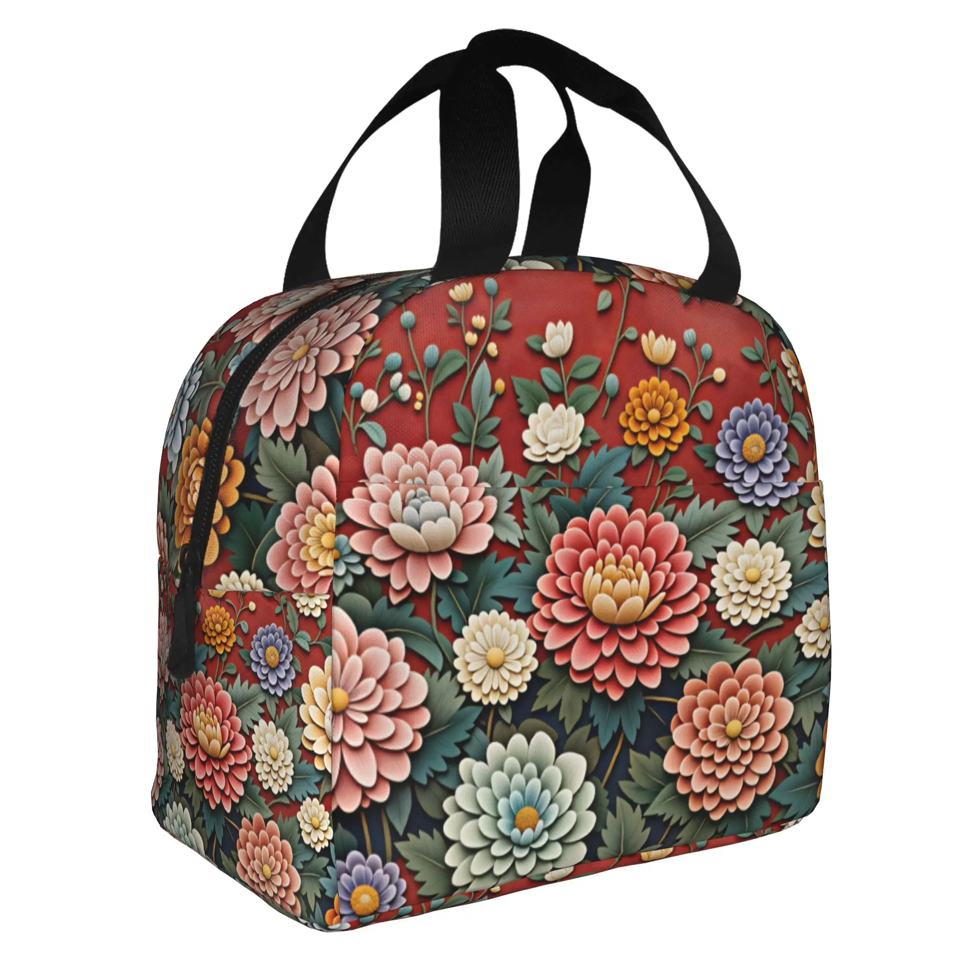 Luxury High Blooming Various 3D Peonies Floral Insulated Lunch Bag for Resuable Trend Floral Thermal Cooler Lunch Tote School