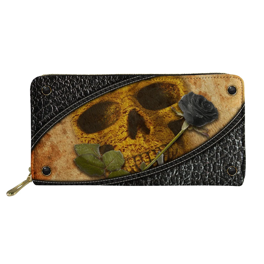 INJERSDESIGNS Fashion Zipper Clutch Bag Luxury Leather Purse Card Holder Phone Sac Women Money Bags Skull Pattern Unisex Wallet