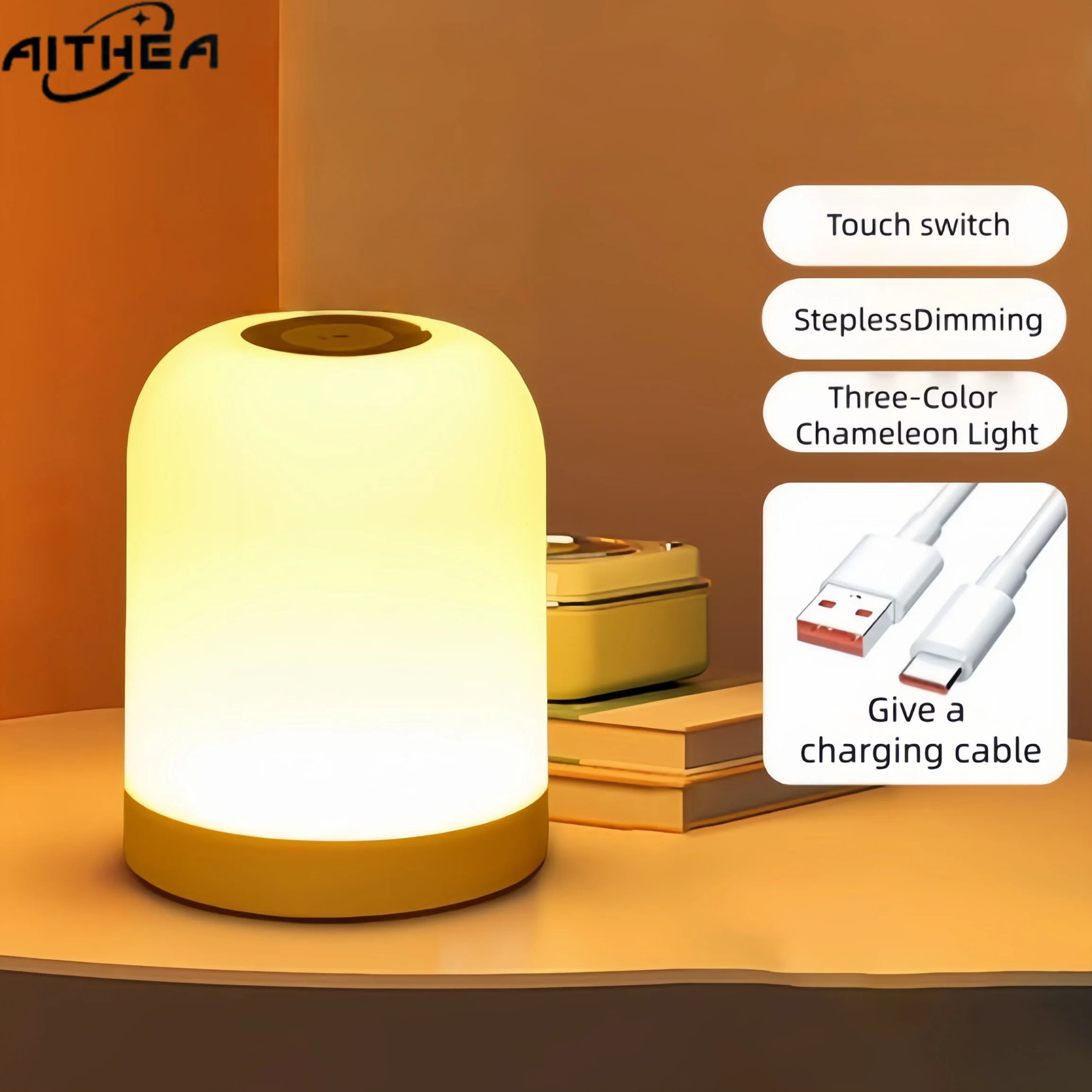 AITHEA LED Night Light Rechargeable Dimmable Bedside Lamp Soft Glow Eye Protection Portable Table Lamp for Bedroom Nurser