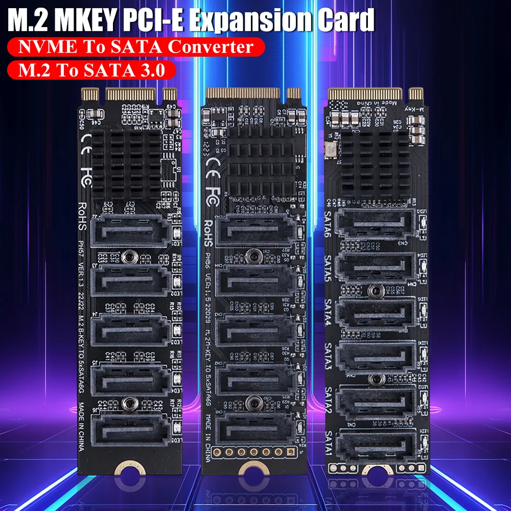 M.2 MKEY PCI-E Riser Card M.2 To SATA 3.0 Expansion Card NVME To SATA Adapter Card Support PM Function SATA3.0 Adapter