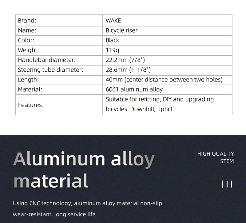 Wake MTB Mountainbike Kurzer Vorbau aus Aluminiumlegierung, 40mm Lenkerdurchmesser, 22,2cm für Rennrad-Zubehör, BMX-Radfahren – Detail 4