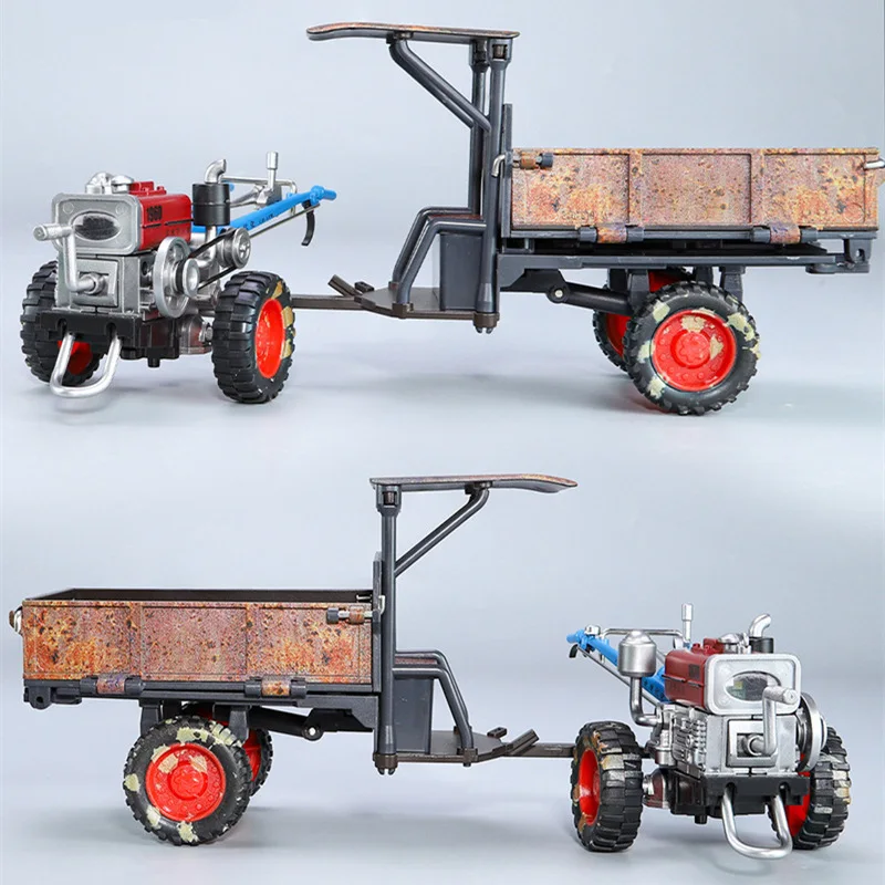 1/24 Alloy Rust Nostalgia Hand Tractor Model Diecast Agricultural Vehicle Farming Pickup Car Model Sound and Light Kids Toy Gift