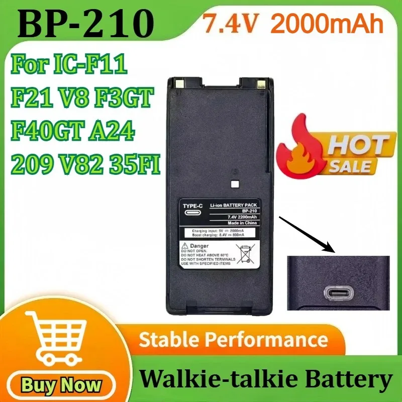 

for Icom BP-210 7.4V 2000mAh Two-Way Radio Walkie-talkie Battery for IC-F11 F21 V8 F3GT F40GT A24 209 V82 35FI with TYPE-C