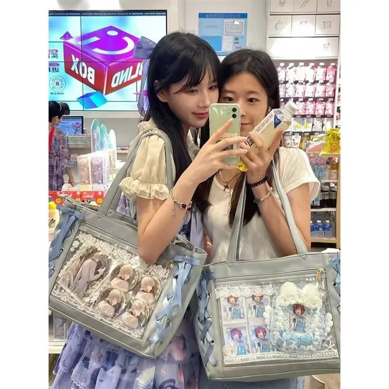 Xiuya Blue Womens Shoulder Bag Leather Sweet Lolita Jk Elegant Cute Casual Ita Bag Japanese Style Transparent Fashion Handbag