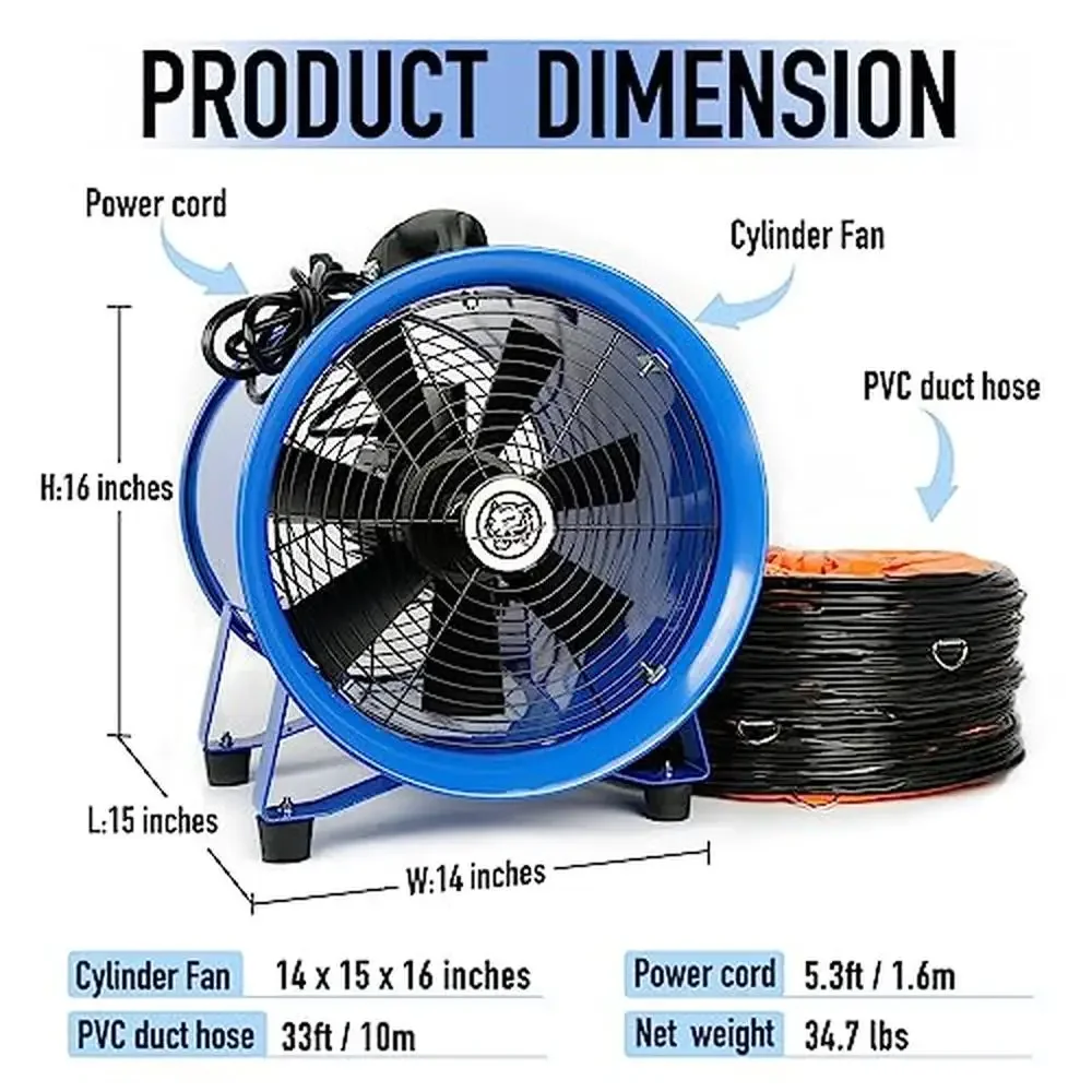 12-inch Utility Blower 520W High Velocity Ventilator Fan with Flexible Duct Hose Low Noise Exhaust Fan Office Kitchen and