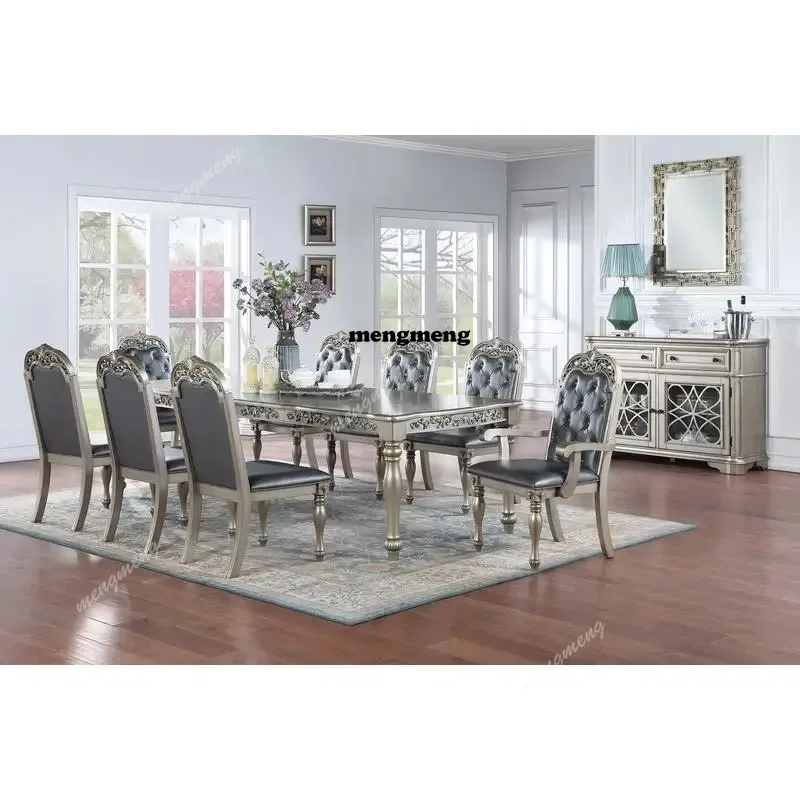 Formal 1pc Dining Table with 2 Leaves, Silver Grey Finish, Antique Design, Rubberwood, Large Family Dining Room Furniture