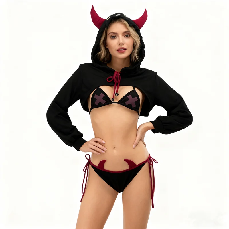 

Punk Devil Girls Bikini Set Hoodie Crop Top Long Sleeve Halloween Cosplay Underwear Nightgown Role Play Student Outfits Lingerie