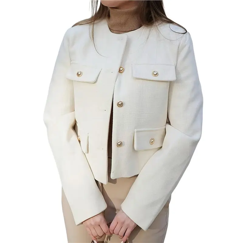 TEXU Women Cropped Blazer Jacket Collarless Button Down Business Casual Fall Outfits Winter Coats White XL