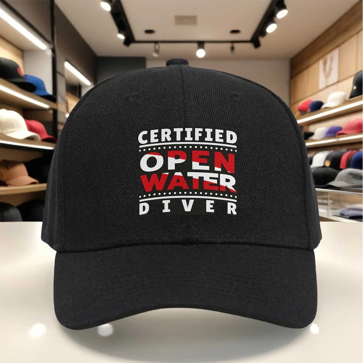 Certified Open Water Diver Letter Print Baseball Cap, Black White Red Design, Adjustable Casual Sport Hat for Diving Enthusiasts