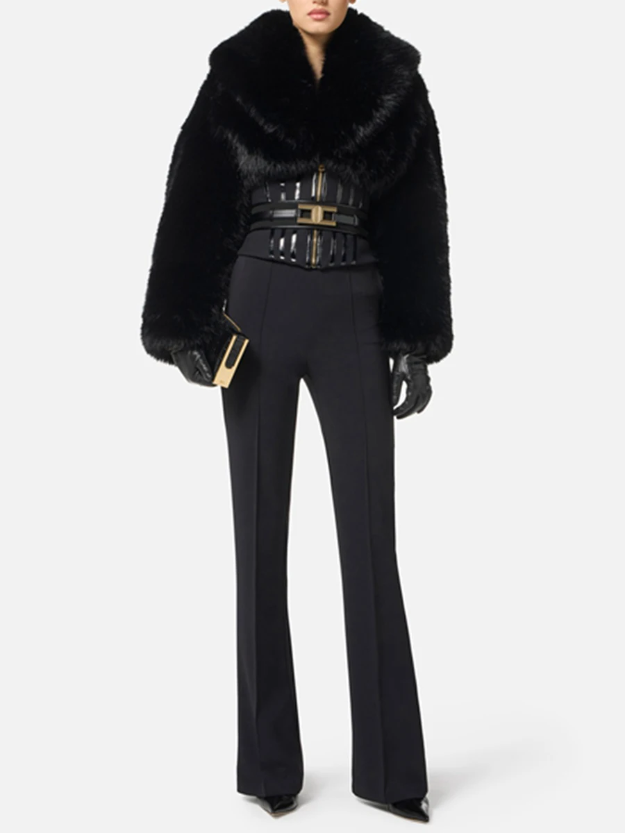 TWOTWINSTYLE Black Slimming Spliced Zipper Jackets for Women Lapel Long Sleeves Tunic Patchwork Fur Fashion Jacket Female New