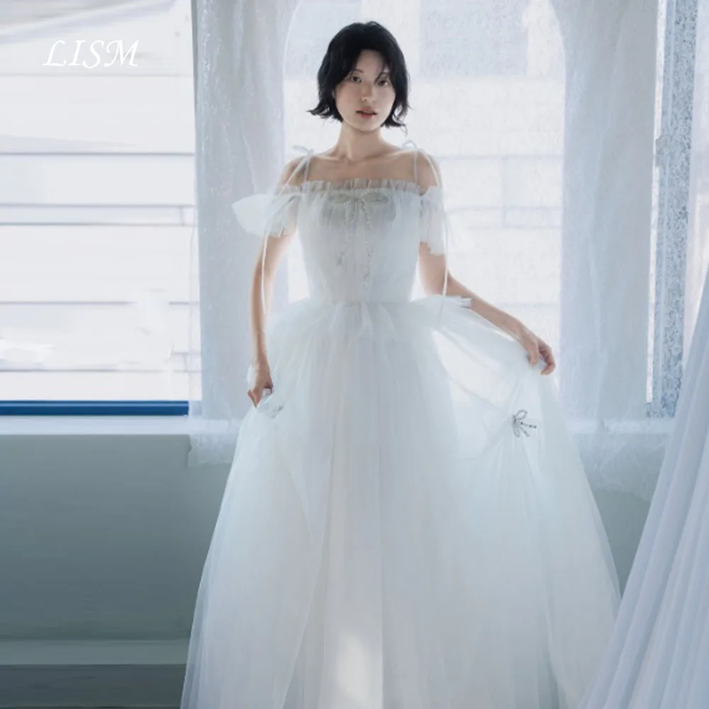

LISM Off Shoulder Korean Wedding Dresses Ribbons A-Line Customized 웨딩스냅드레스 Wedding Snap Dresses Lovely Bridal Gown