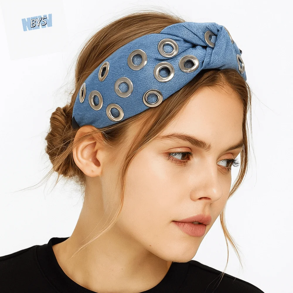 

Hair Accessories Y2K Denim Headband Wide Personalized Punk Hairband Steampunk Hip Hop Hollowed Out Eyelets Headband Girls