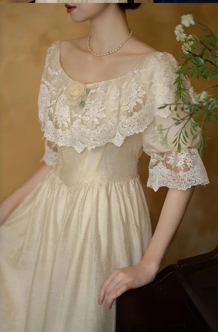 84-96cm busto Primavera Verano mujeres corte europea Vintage pintura al óleo estilo cintura delgada cómodo cuello de encaje vestidos Lyocell