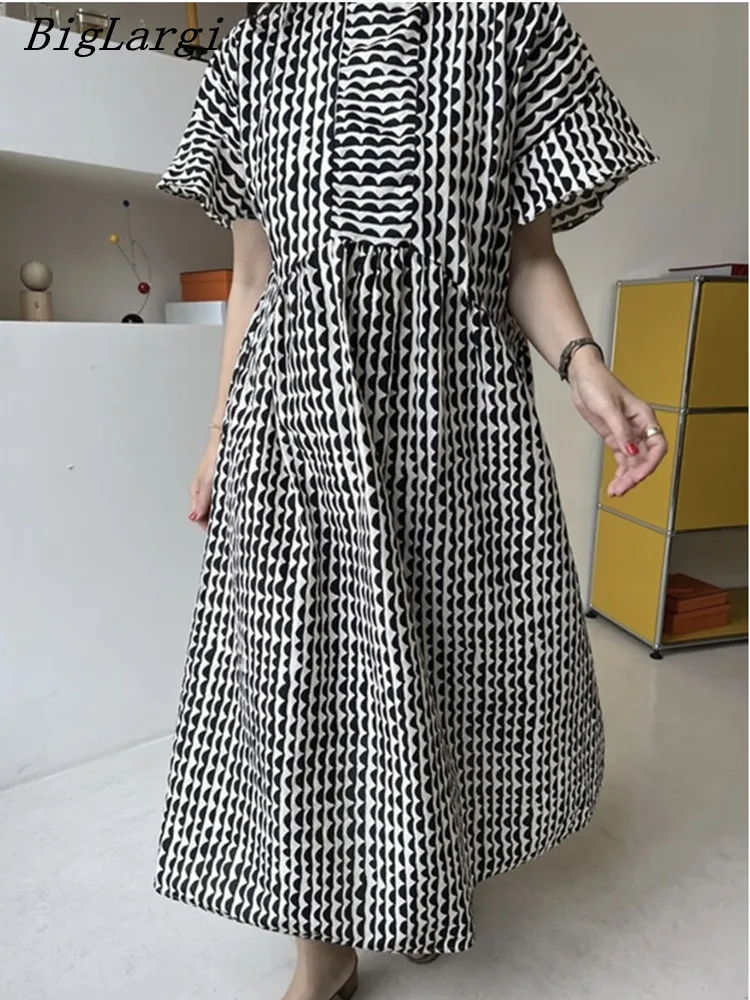 

Summer Pleated Print Long Dress Women Vintage Elegant Casual Korean Modis Ladies Dresses Vestidos Largos 2023