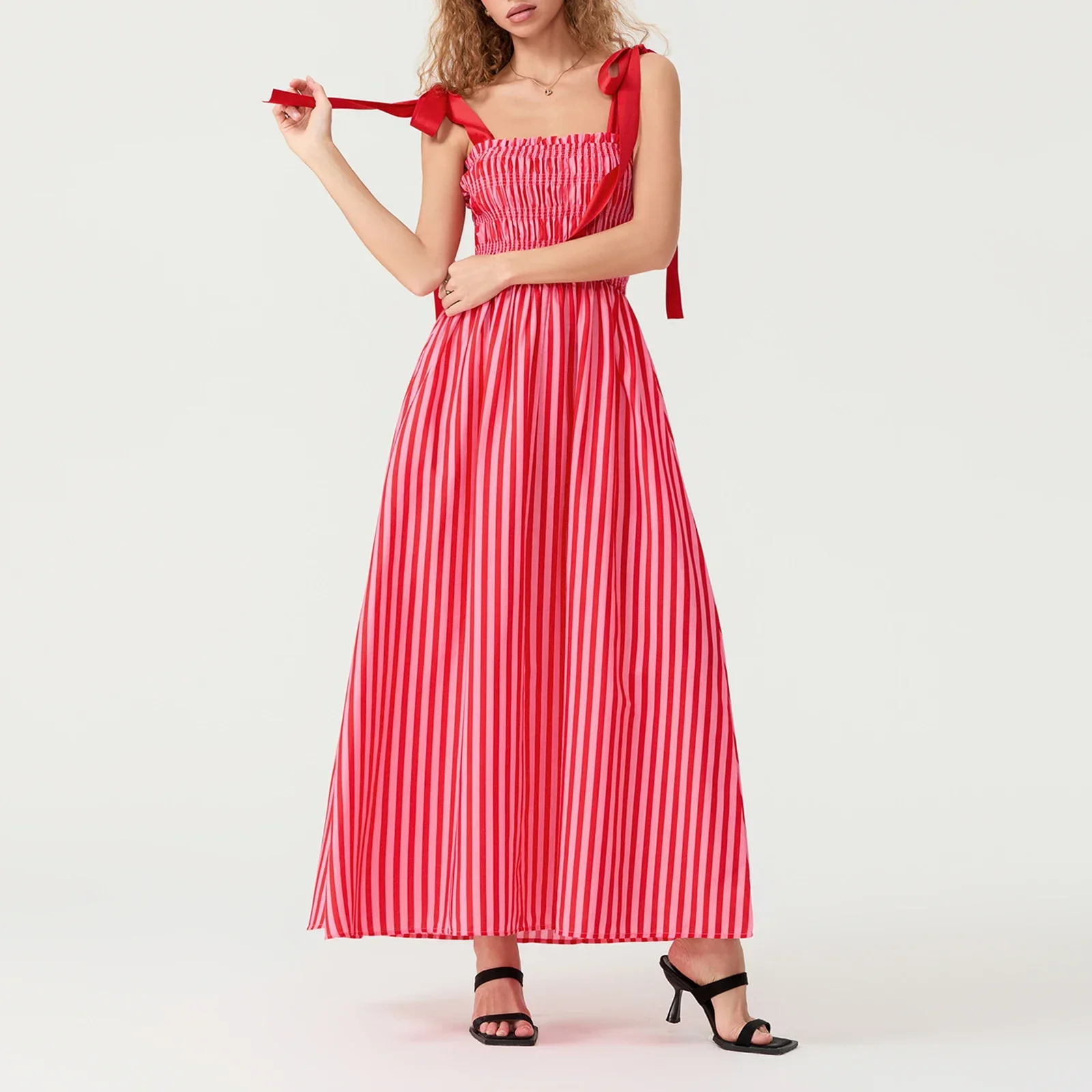 Robe longue fluide à rayures pour femmes, tenue de soirée, avec bretelles spaghetti, froncée, dos nu, avec poches, vêtement éducatif