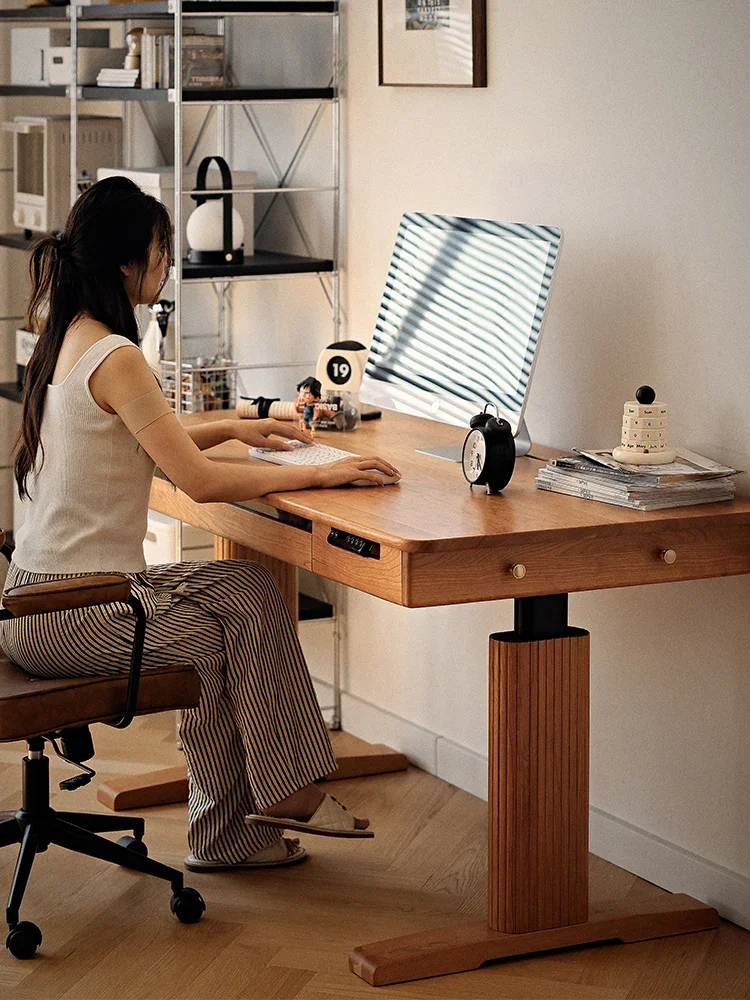 All solid wood electric lifting desk, computer desk, cherry wood workbench with drawers
