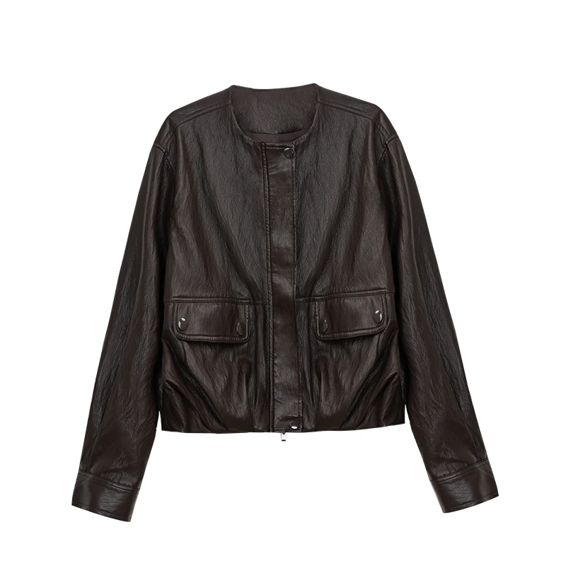 ALXNAN Brązowa Krótka Skórzana Kurtka Damska 2025 Jesień Zima Nowa Vintage Luźny Krój Skórzane Płaszcze Okrągły Dekolt Kurtka na Zamek L58058-1