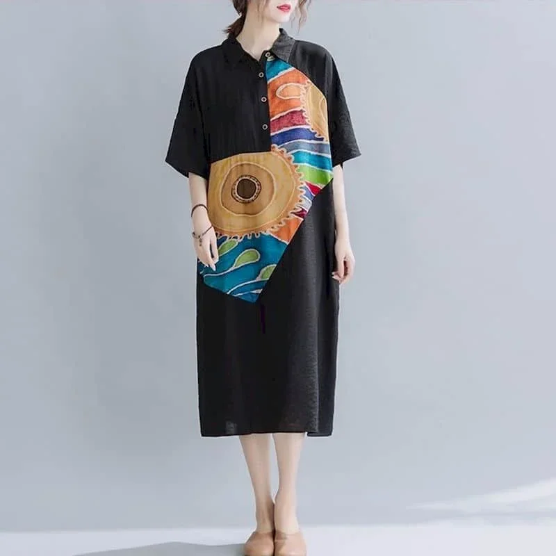 Abito da donna stampato a maniche corte con temperamento Abito stile coreano Tendenza estiva Camicie sottili larghe di media lunghezza Abito da donna