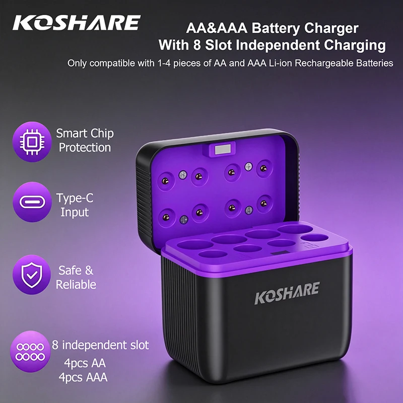 KOSHARE AA&AAA LED Smart Li-ion Battery Charger With 8 Slot Support 1-4pcs AA AAA Rechargeable Lithium Batteries Mixed Charging