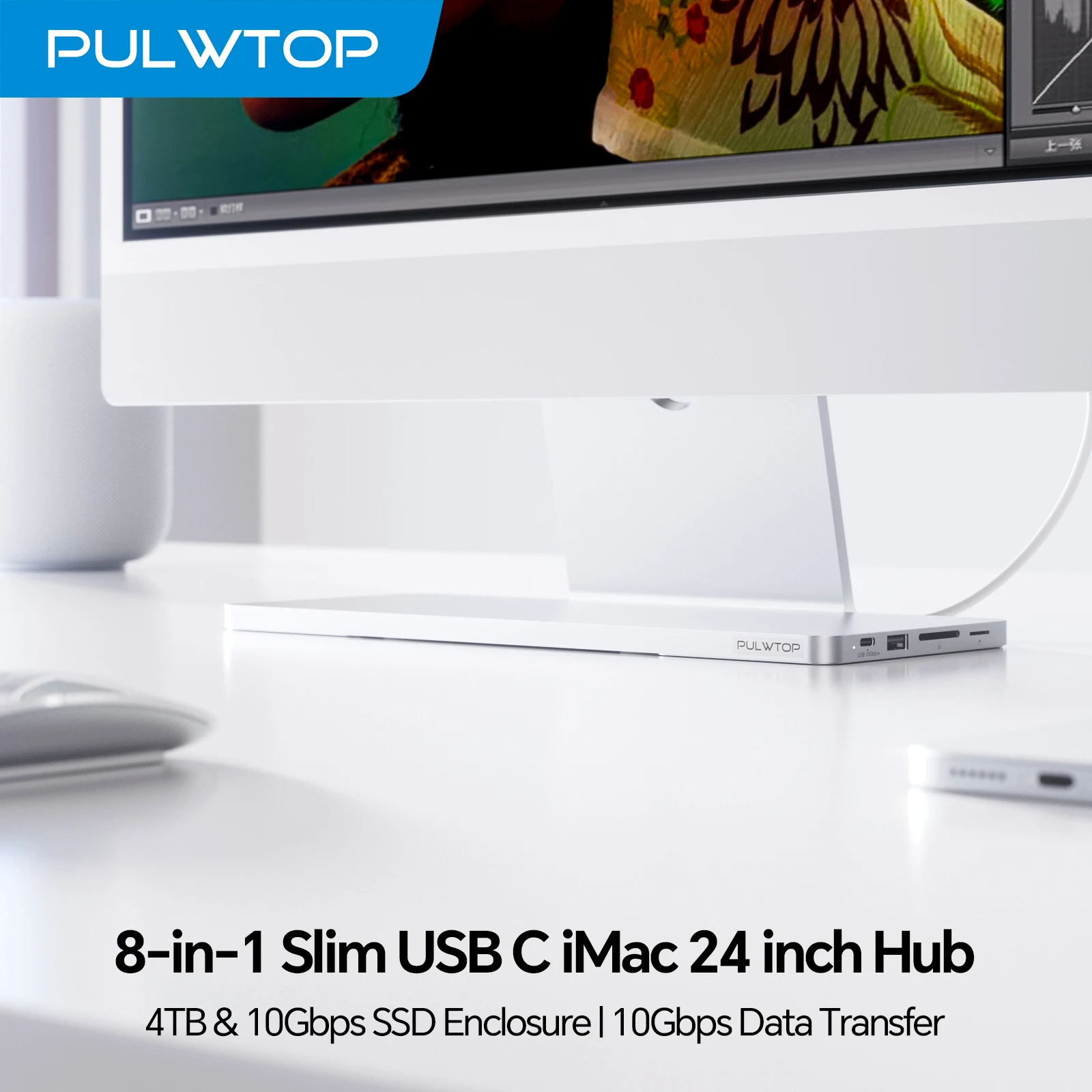 PULWTOP USB-C Hub for iMac 24 inch M1 M3 M4, iMac Accessories with M.2 SSD (SSD Not Included), USB-A/C 10Gbps, USB-A 2.0, SD/TF