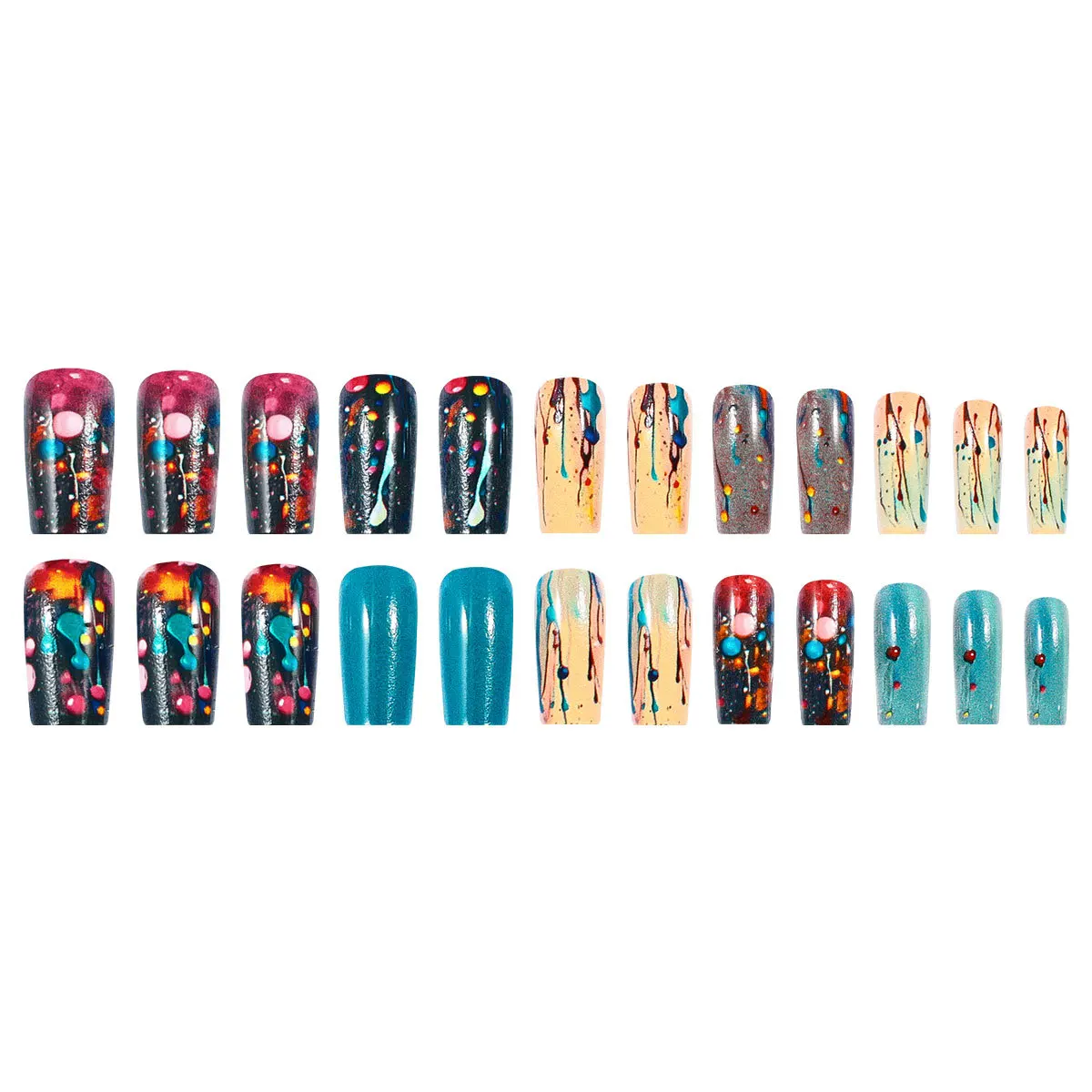 24PCS Colorful Dots Medium Square False Nails Glitter Contrast Color Retro Nail Tips Sweet Cool French Wearable Fake Nails Patch