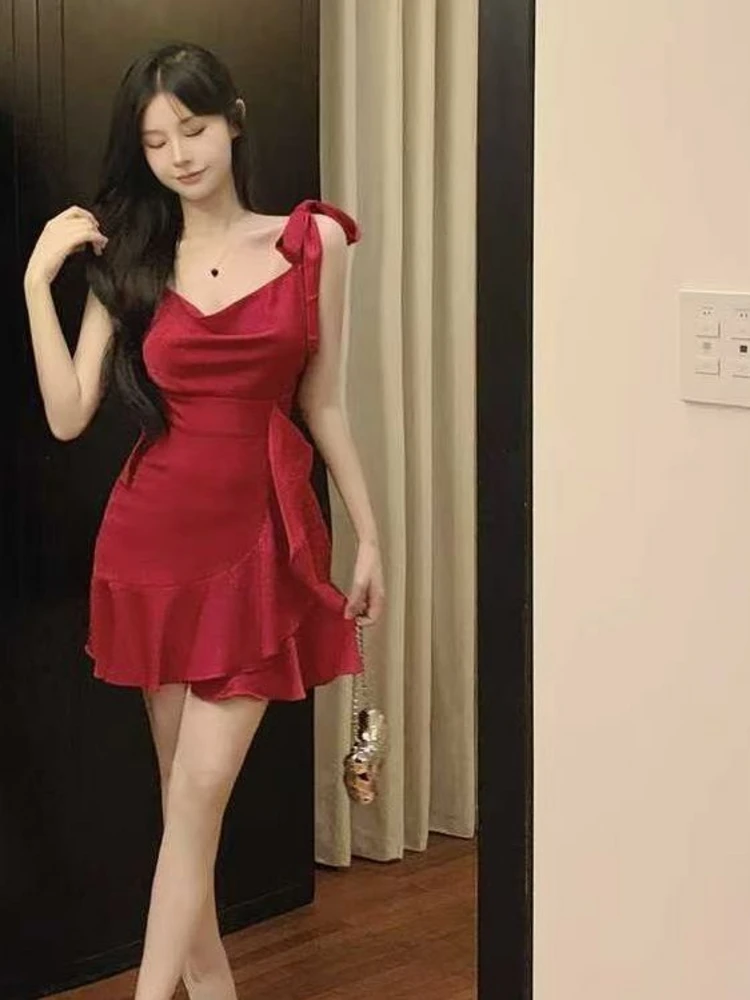 Retro Hepburn Sle Red Strapl Dr Women's Autumn Slimming ort Skirt Border Design Korean Version Commute Polyester Fa...