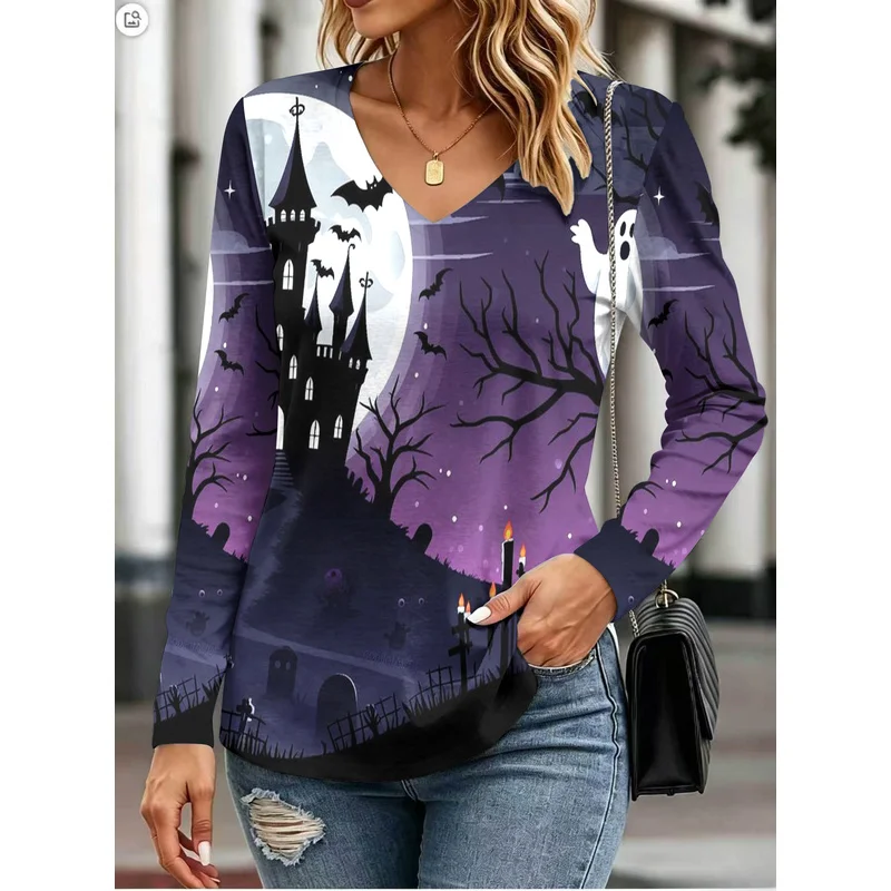 Pumpkin smiley face print: a must-have for women's everyday outfitsVComfortable long-sleeved base layer