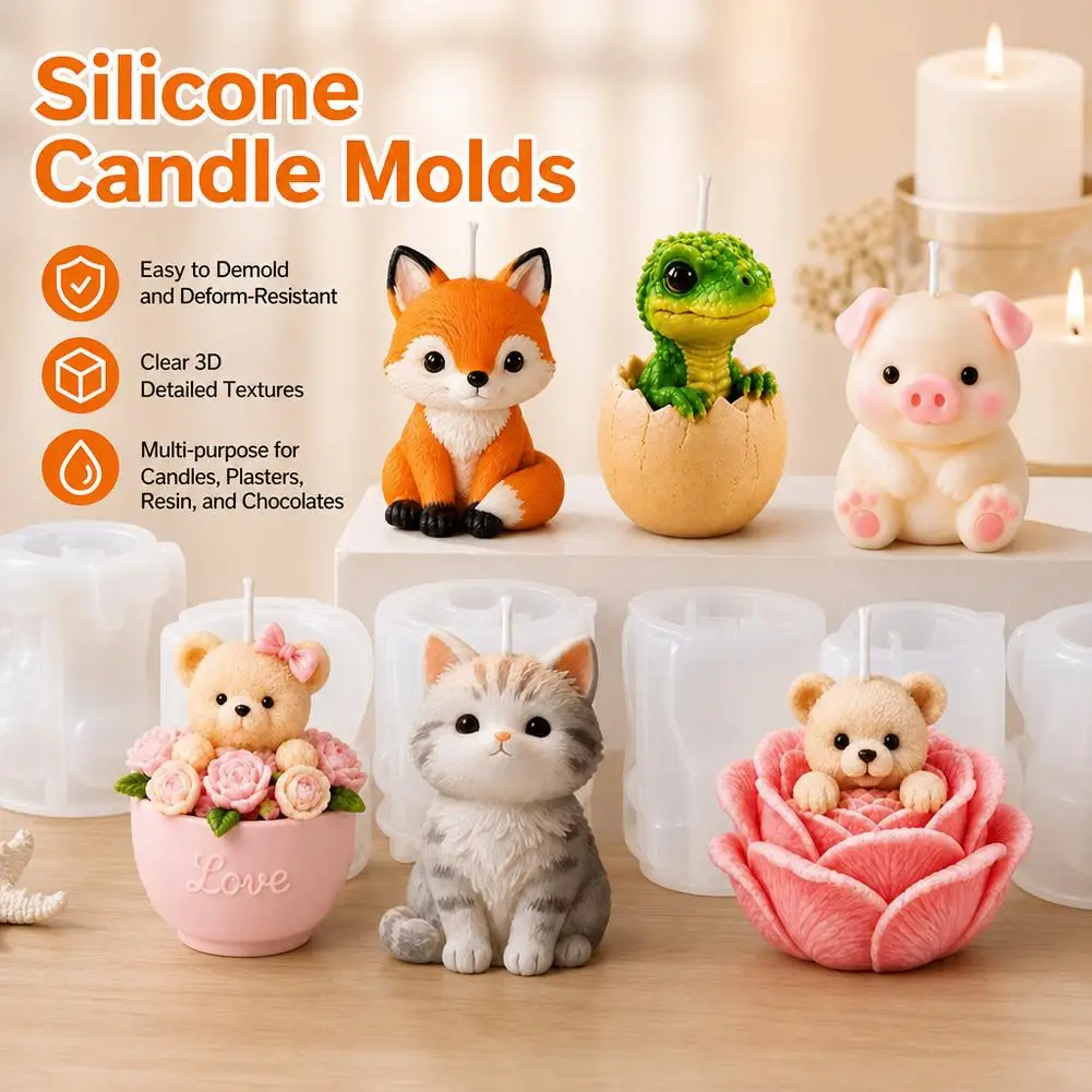 1pc Cute Animal Silicone Candle Molds 3D Cartoon Fox Cat Bear Pig Dinosaur DIY Wax Soap Resin Mould For Handmade Crafts view 4