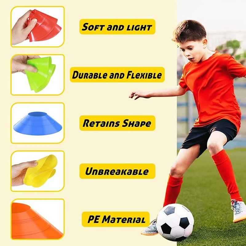 50 Piece Football Cones, Kids, Field Marker With Strap Carry Bag For Football Basketball Skating