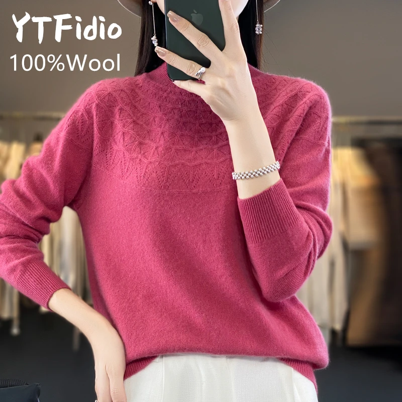 YTFidio 100% wełna kobiety Mock-neck drążą półwysoki kołnierz golf wąskie swetry jednolity sweter bluzki damskie 92