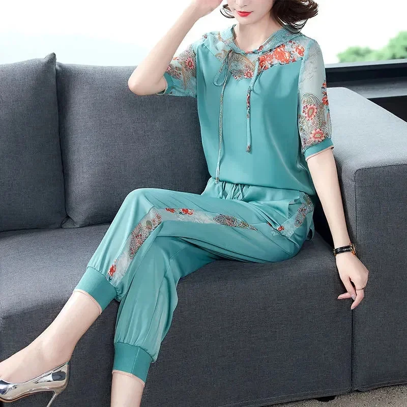 Large Size Suit Women 2024 New Summer Set High-End Leisure 2PCS Female Two-Piece Harem Pants Middle-Aged Elderly Mother\'s Outfit