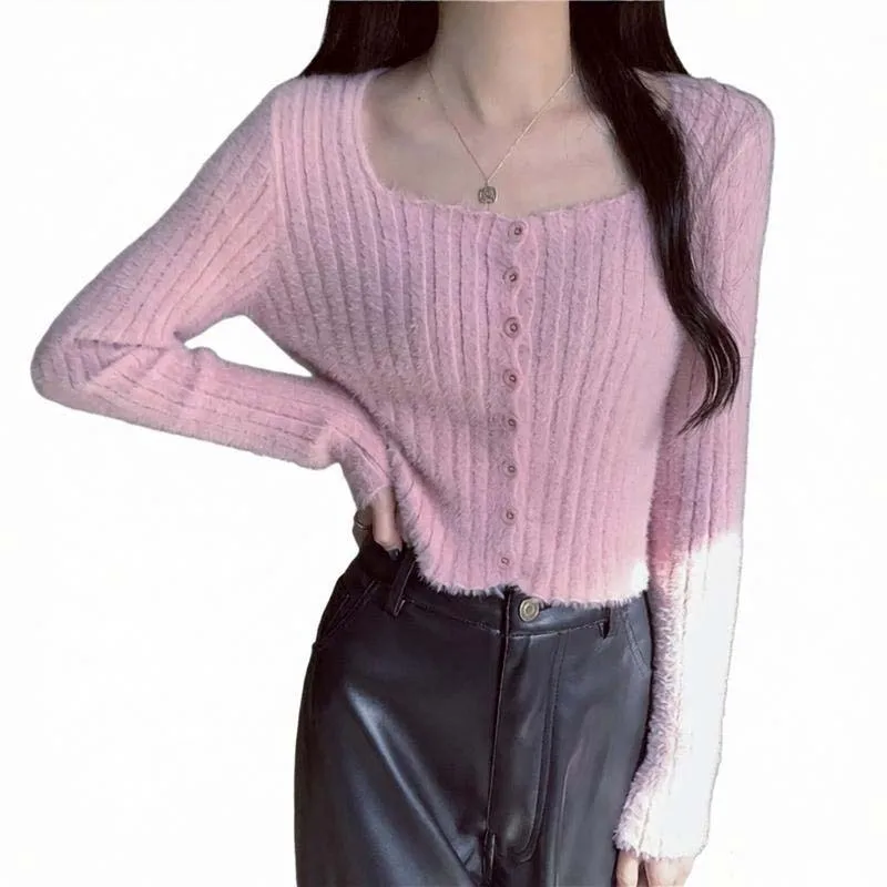 Solid Color Cropped Fuzzy Knit For Top for Women Square Neck Single Breasted Medium Stretch for Beach Yoga Cycling