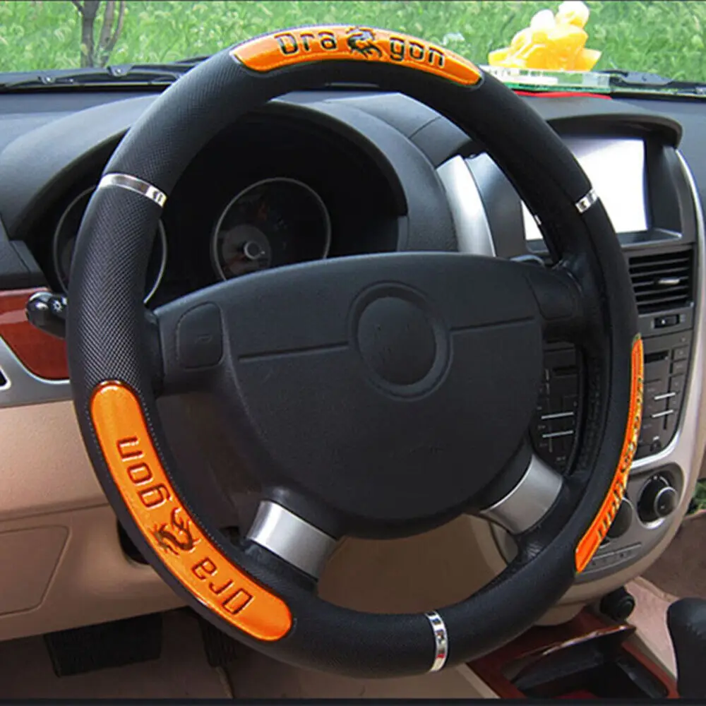 

US 15'' Car Accessories Anti Slip Steering Wheel Cover PU Leather Orange & Black