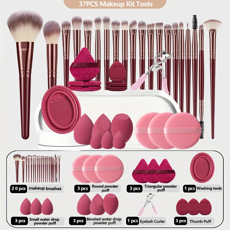 37-Piece Portable Makeup Brush Set Combination Beauty Blender Available in Multiple Colors for Comprehensive Beauty Regimen