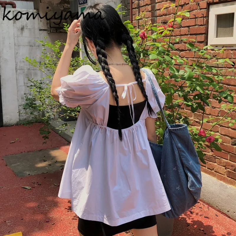 Back Bandage Bow Shirts & Blouses Backless 2025 Woman Blusas Puff Short Sleeve Ropa Mujer Square Colalr Camisas Summer Roupas