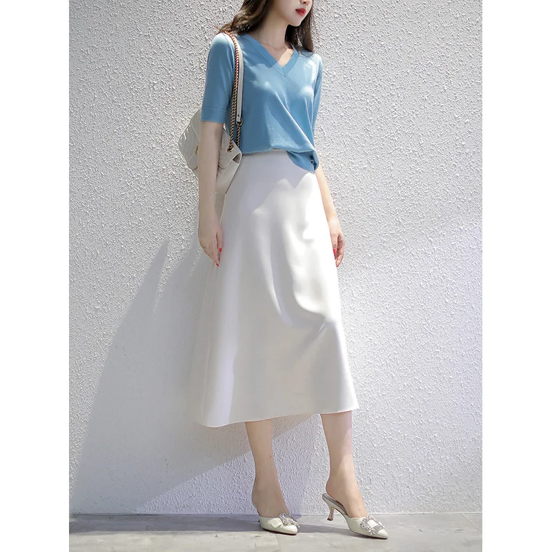 Gentle Elegant White Silk Skirt One Skirt for Three Seasons High Beige Gray Tone Triacetic Acid Medium Length Skirt All Match