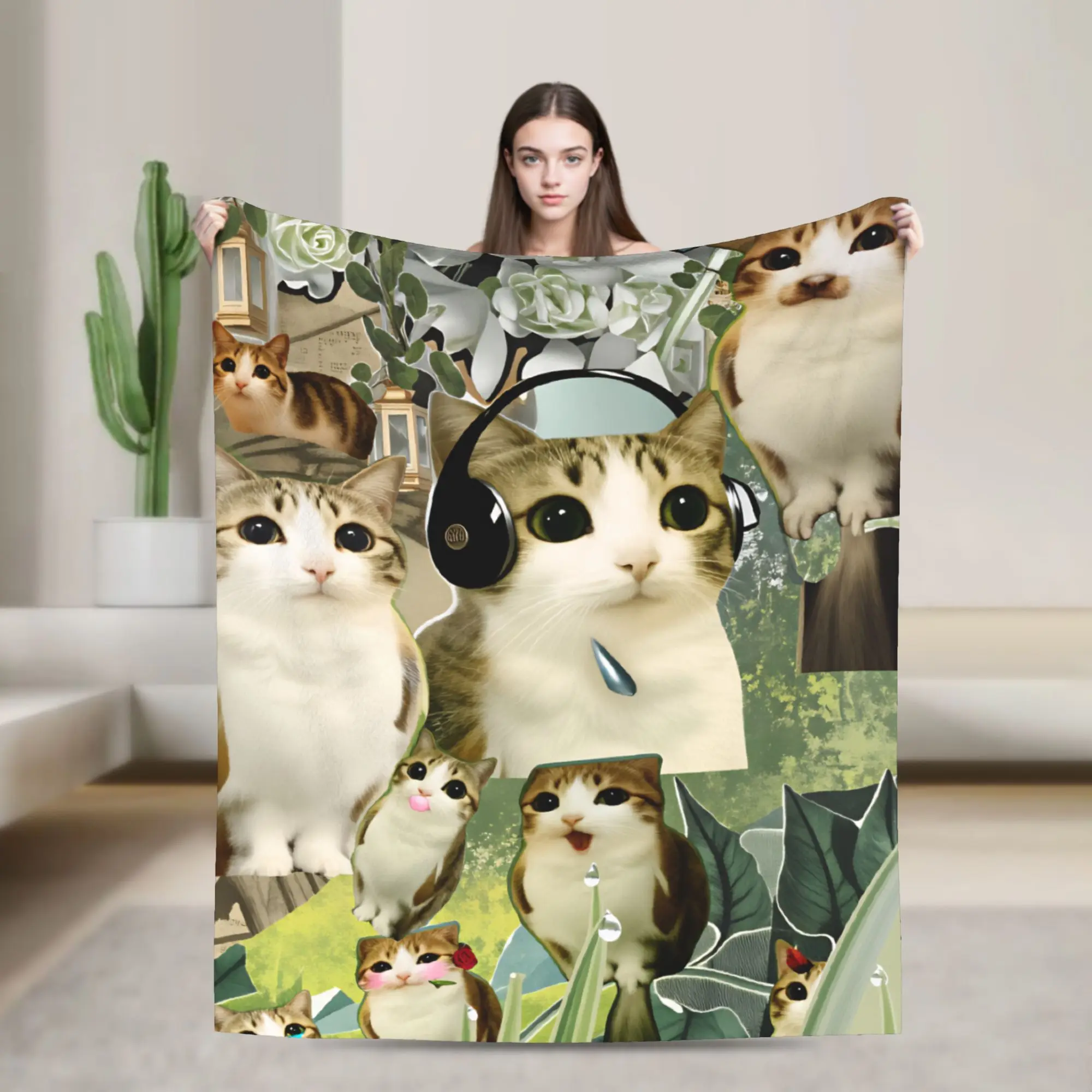 Garden Meowl Cat Collage Blankets Autumn  Soft Cozy Throw Blanket For Girl Bedroom Flannel Bedspread Bed Cover