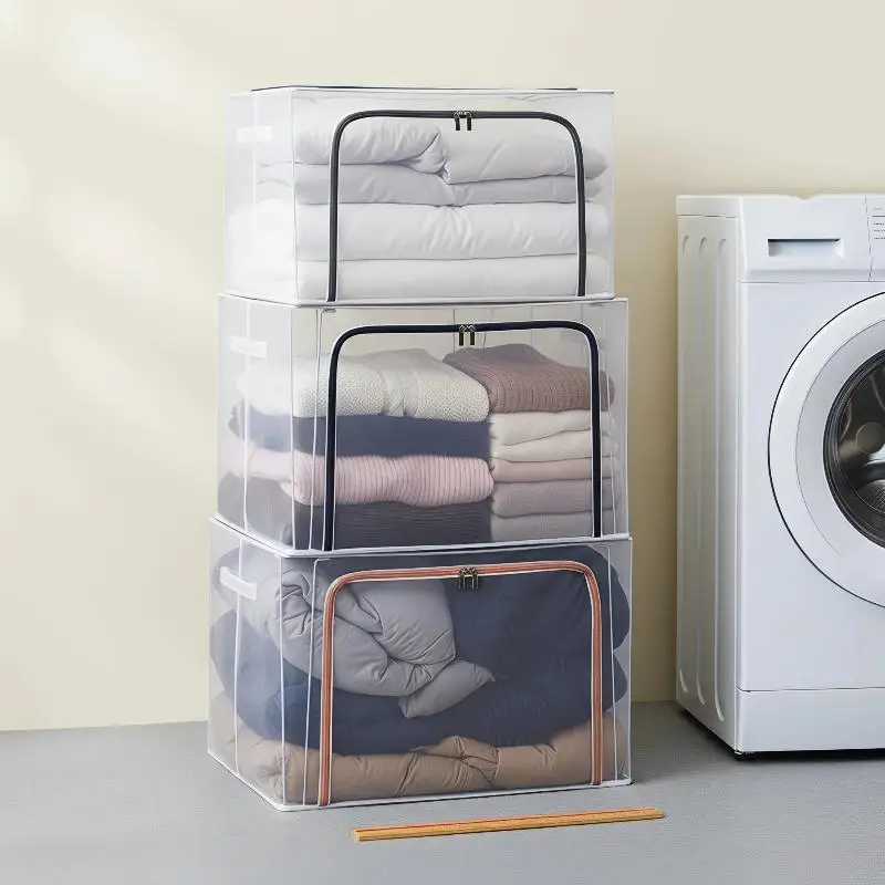 Foldable Transparent Storage Box Waterproof PVC Nylon Mesh Organizer for Clothes Cosmetics Office Desktop Storage