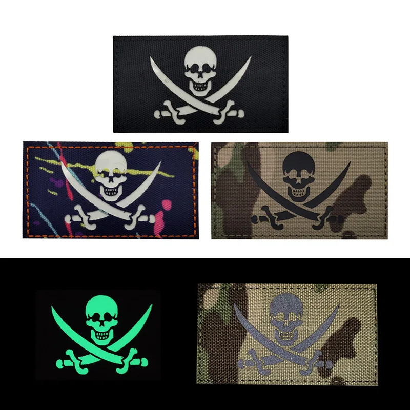 Skull Badges PVC Rubber Reflective IR Infrared Patches Embroidered HOOK Glow In Dark Patch for Caps Backpacks Jackets Clothing