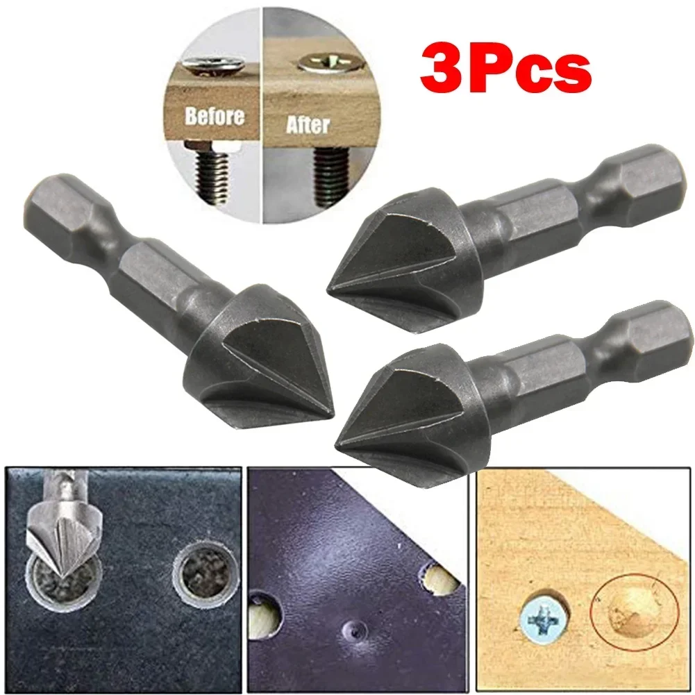 3pcs Countersink Drill Bit Set 1/4\'\' Hex Shank 5 Flute Chamfering Tool Woodworking Hole Opener Countersink Drill Chamfering Cutt