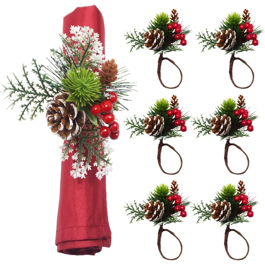 

Christmas Napkin Rings Set of 6 Pine Cone Napkin Rings Holders with Berries Xmas Serviette Buckle Holder for Christmas Dinner P